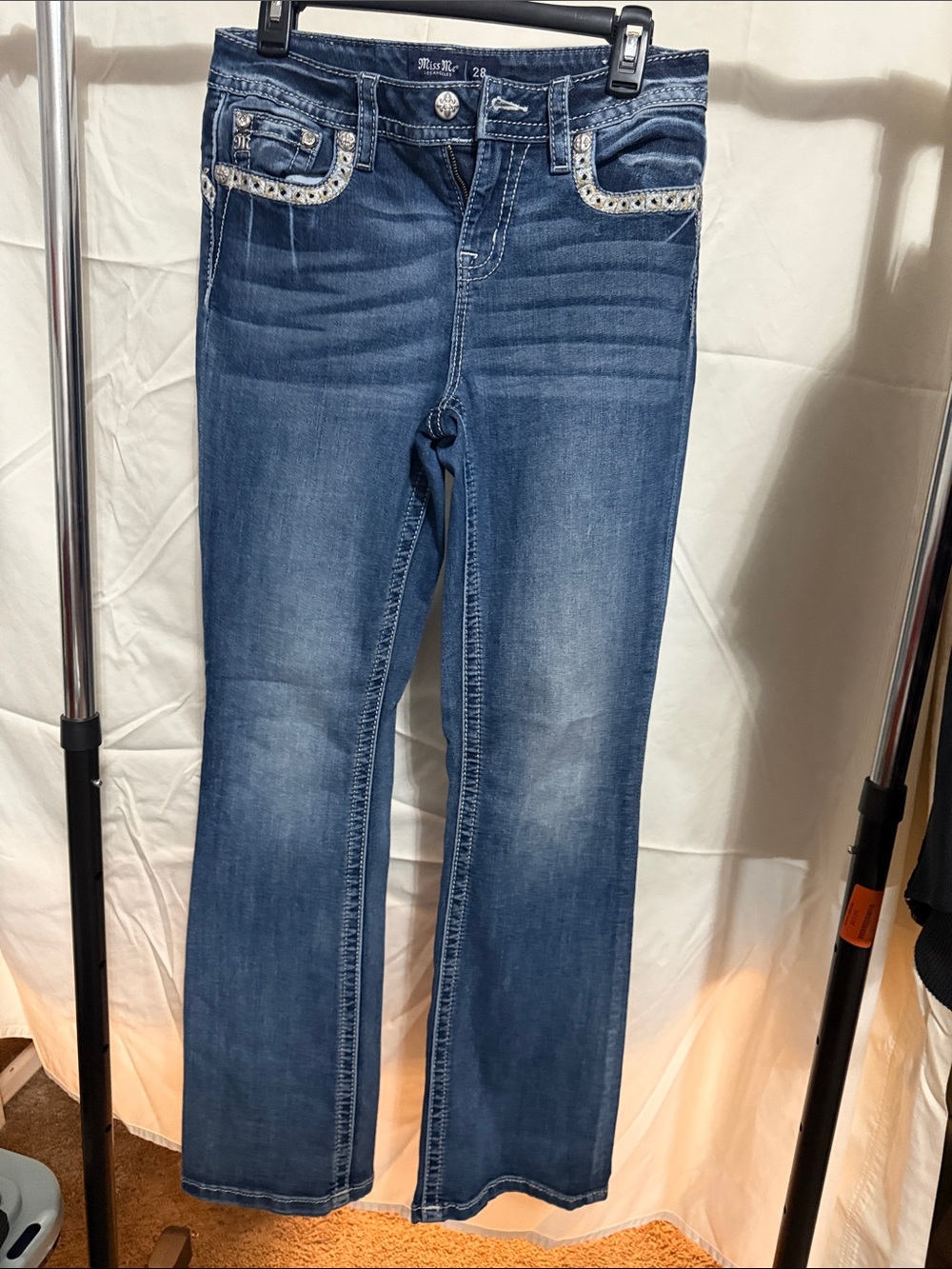 Miss Me Dark Blue Crystal Pocket Bootcut Jeans